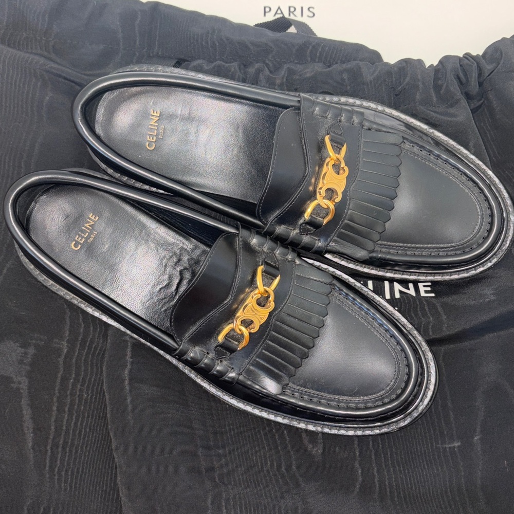 Celine Margaret Triomphe Black Leather Loafers with Gold Accent size 40 us 9 - Picture 4 of 13